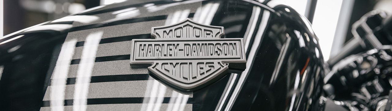 Um tanque de motocicleta com o logotipo da Harley-Davidson. 