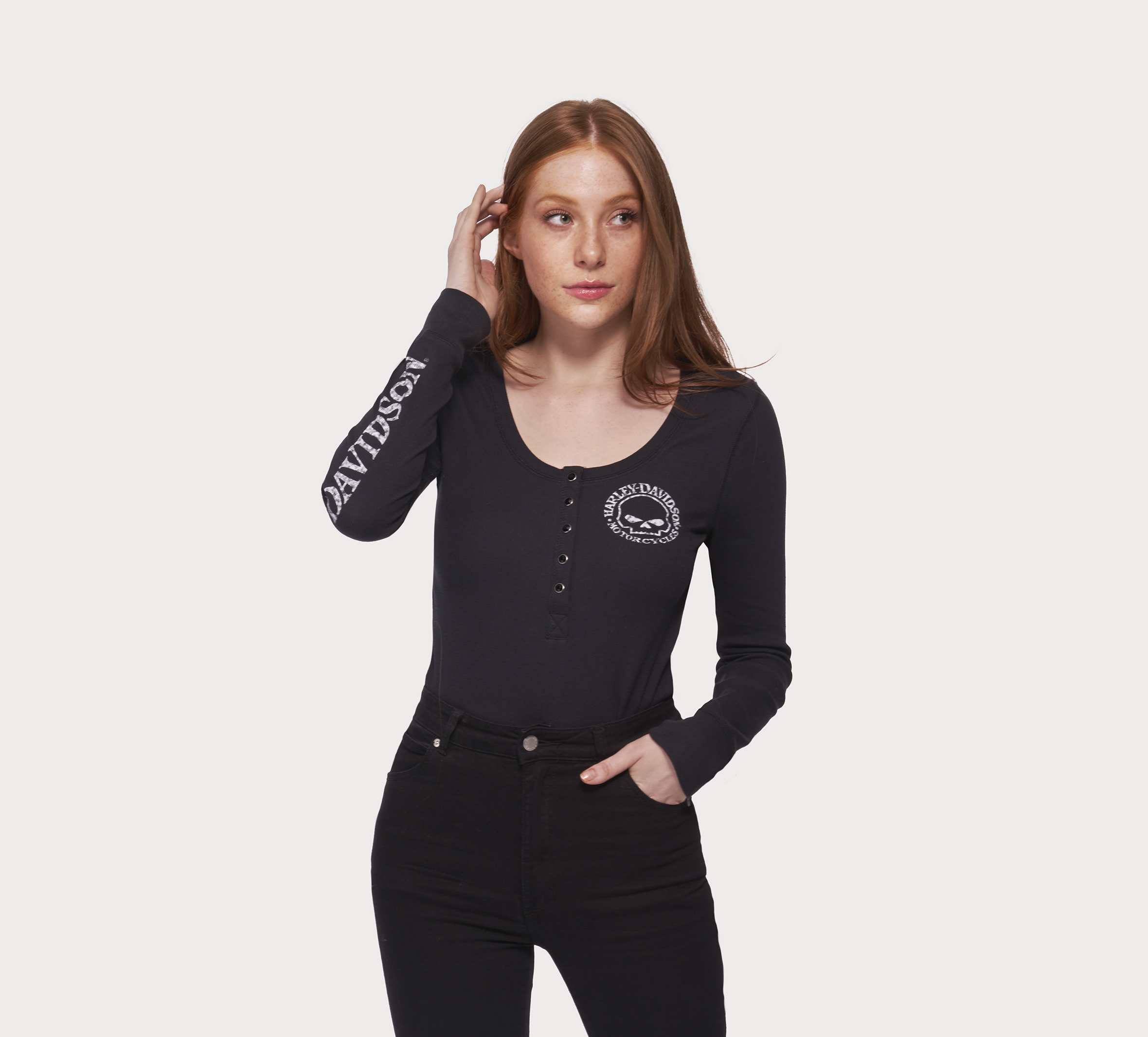 Women's Willie G Skull Snap Front Long Sleeve Henley - Black