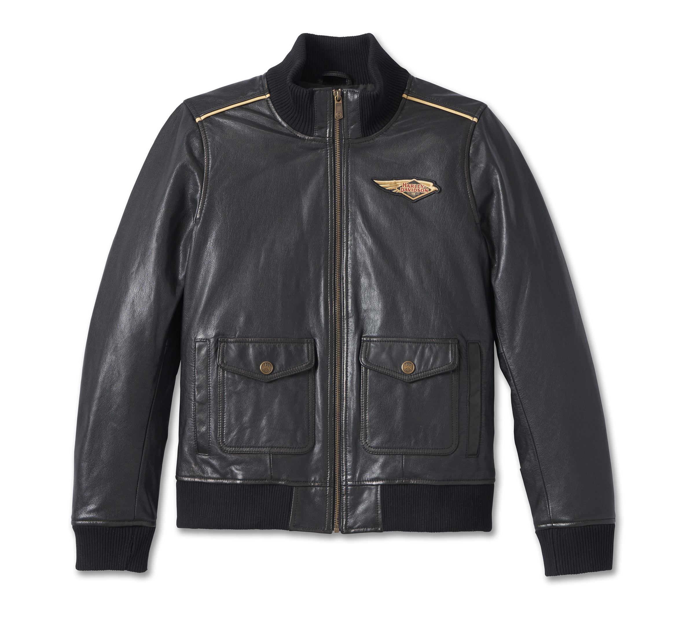 Women's Rib Knit Cuffs Bomer Biker Jacket -  Black / Real Leather / S
