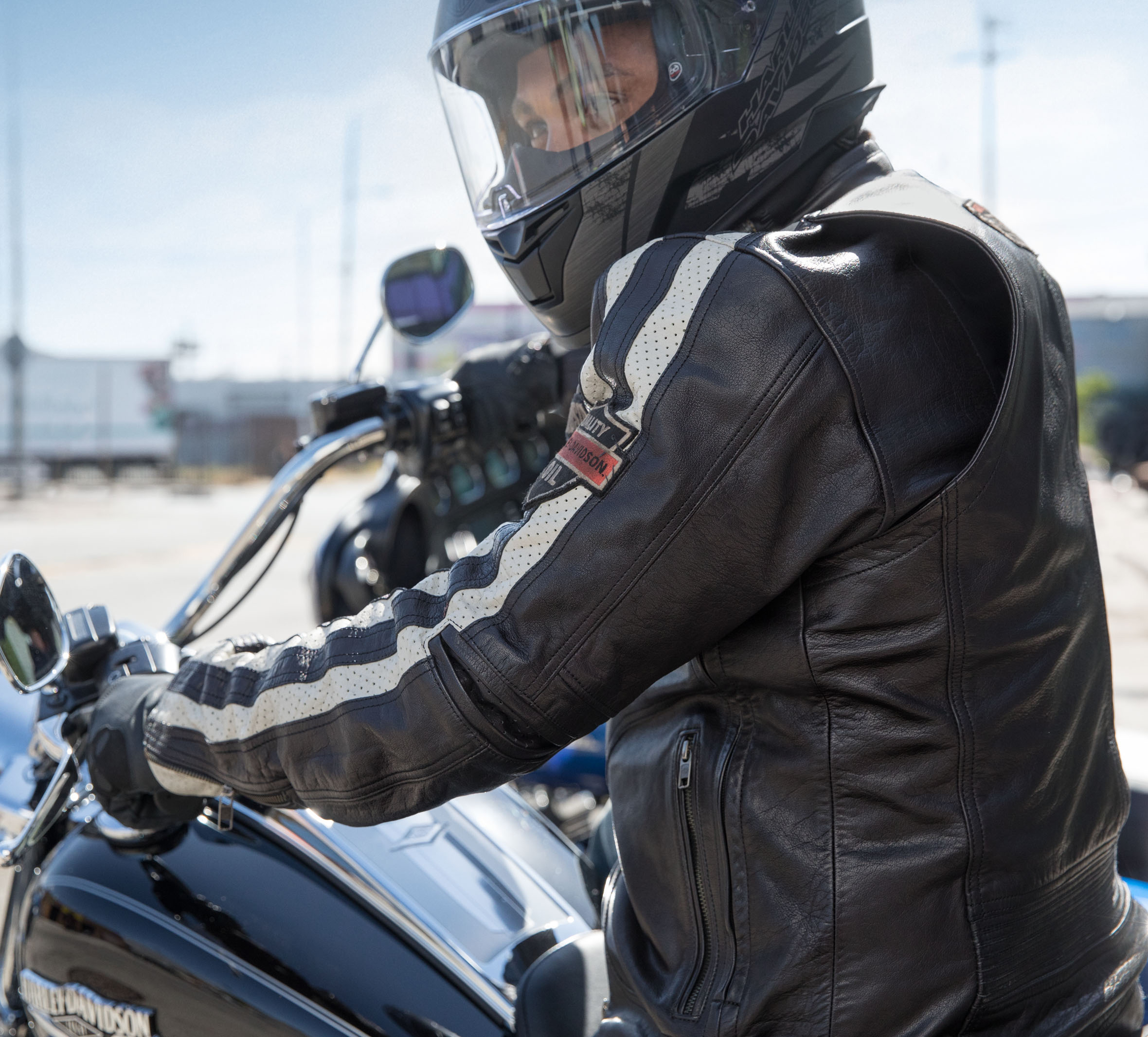 leather jacket and helmet