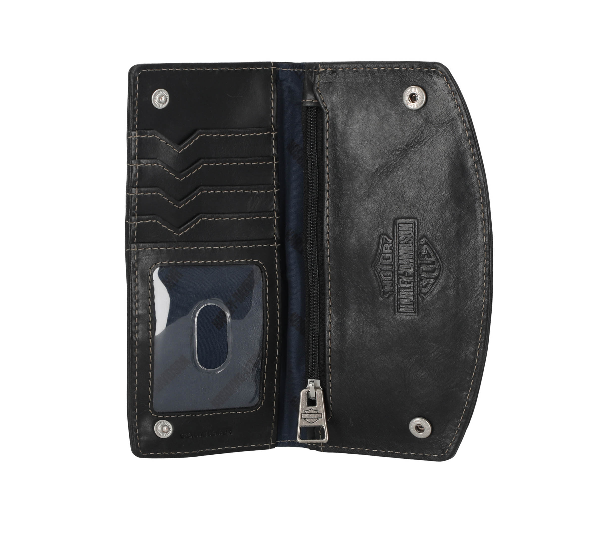 Men's Smooth Grain Flap Long Black Leather Wallet - Black | Harley 