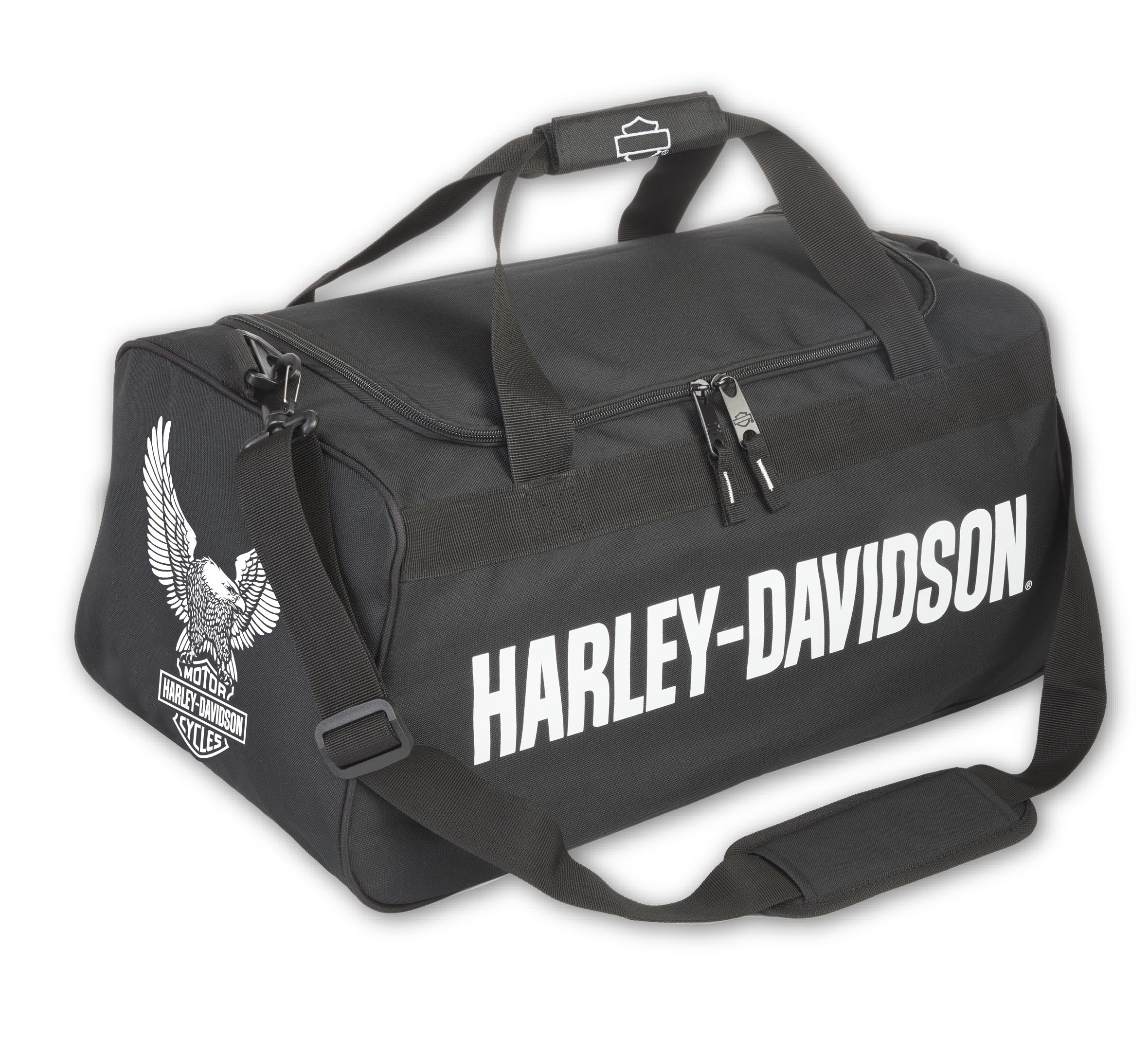 HARLEY DAVIDSON MOTORCYCLES Large Leather look Black Duffel Bag. Condition is high quality pr